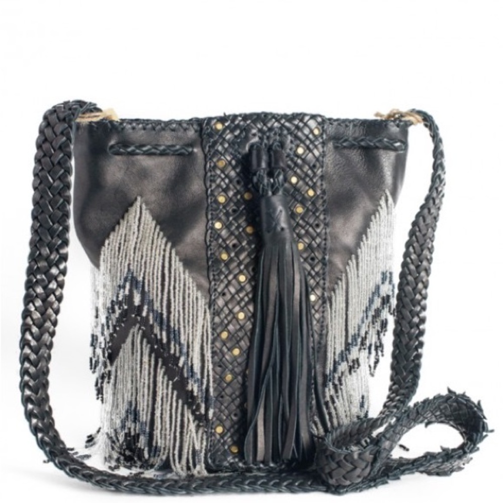 Free People En Shalla Beaded Fringe Leather Bucket Bag 🤍